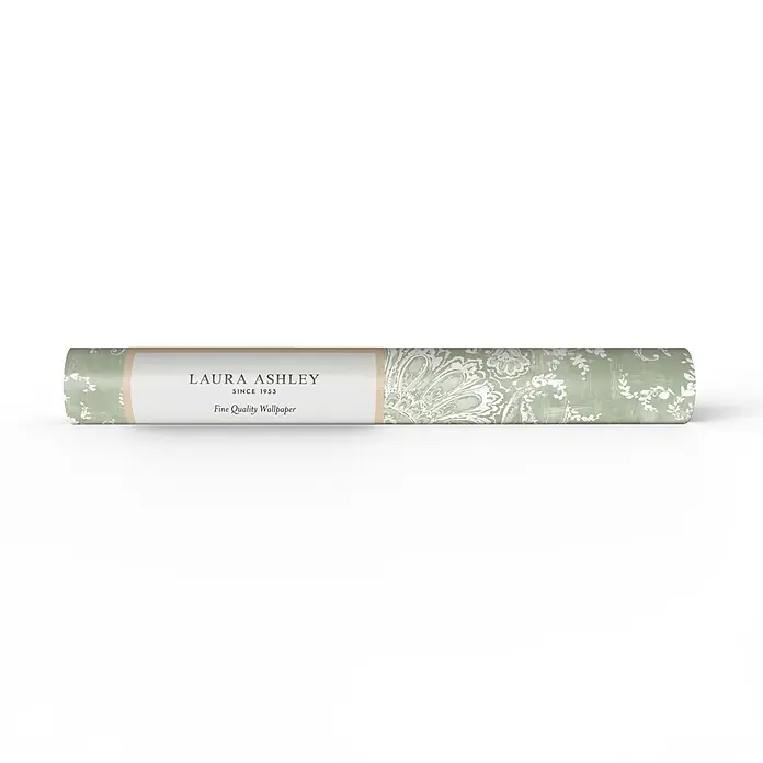 Laura Ashley Vliestapete ornamentales Motiv - Grün, Floral, 1.000 x 52 cm - Laura Ashley Tapetenrolle, hellgrün mit weißem Blumenmuster und Markenetikett.
