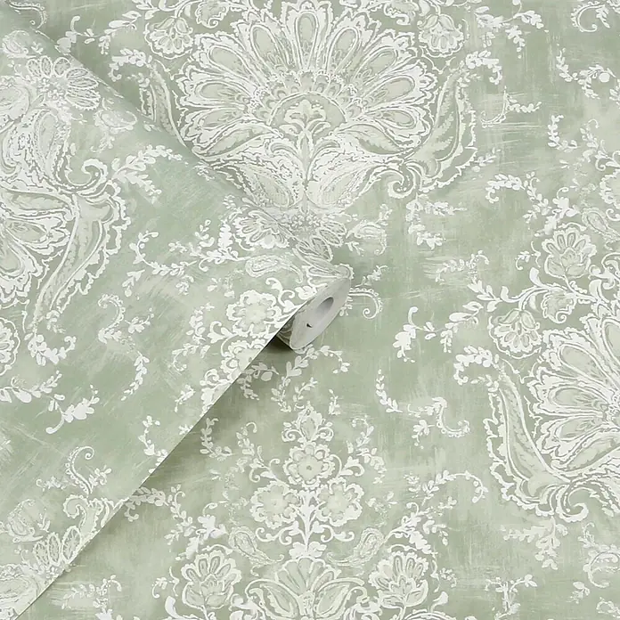 Laura Ashley Vliestapete ornamentales Motiv - Grün, Floral, 1.000 x 52 cm - Rolle grüne Vintage-Tapete mit weißem Damastmuster.