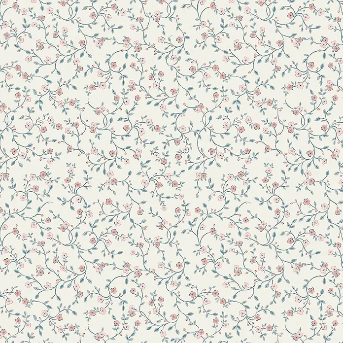Laura Ashley Vliestapete Vliestapete Belncow Sprig - Hellblau, Floral, 10 x 0,52 m - Nahtloses Blumenmuster mit zarten rosa Blüten, blau-grünen Blättern und rankenden Zweigen.