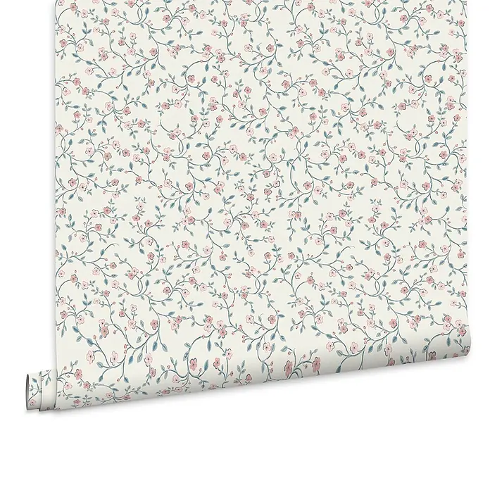 Laura Ashley Vliestapete Vliestapete Belncow Sprig - Hellblau, Floral, 10 x 0,52 m - Tapetenrolle mit zartem Muster aus kleinen rosa Blüten und blau-grünen Ranken.