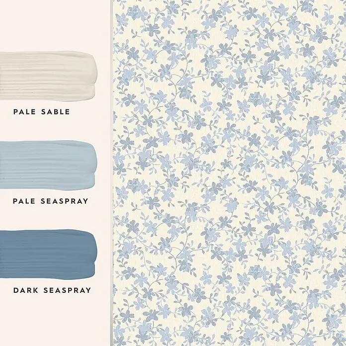 Laura Ashley Vliestapete Misterton Trail - Hellblau, Floral, 1.000 x 52 cm - Farbpalette mit hellcremefarbenen und blauen Farbfeldern, kombiniert mit passender creme- und blauer Blumentapete.
