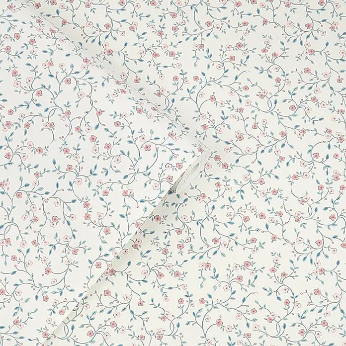 Laura Ashley Vliestapete Vliestapete Belncow Sprig - Hellblau, Floral, 10 x 0,52 m - Tapetenrolle mit zartem rosa Blumen- und blaugrünem Rankenmuster.