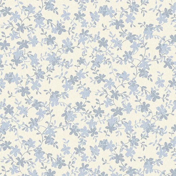 Laura Ashley Vliestapete Misterton Trail - Hellblau, Floral, 1.000 x 52 cm - Nahtloses Blumenmuster mit hellblauen Blüten und Ranken auf strukturiertem Cremegrund.