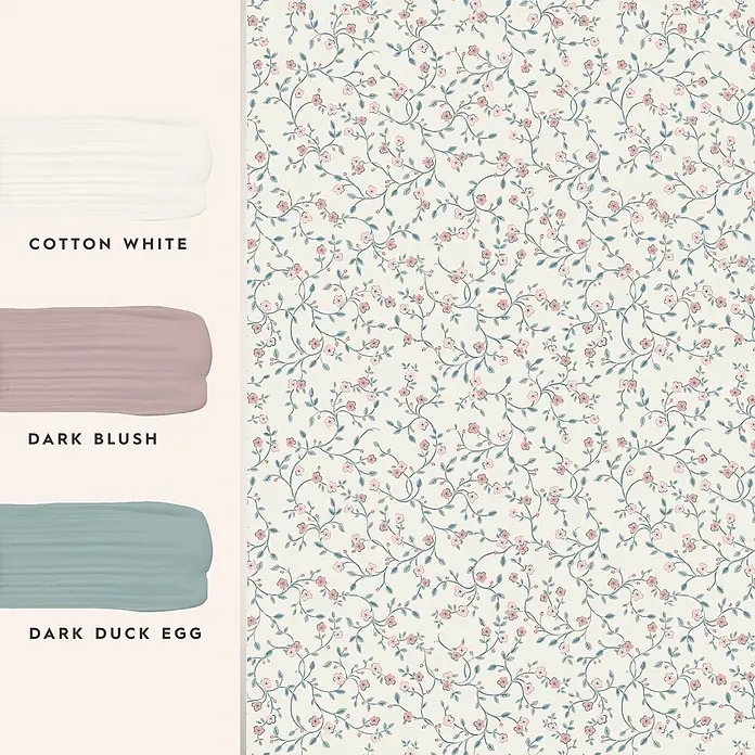 Laura Ashley Vliestapete Vliestapete Belncow Sprig - Hellblau, Floral, 10 x 0,52 m - Geblümte Tapete mit hellrosa Blüten und blaugrünen Blättern, gezeigt mit Farbmustern in Cotton White, Dark Blush und Dark Duck Egg.