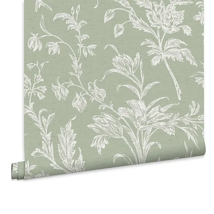 Laura Ashley Vliestapete Vliestapete gewebtes Blumen - Grün, Floral, 10 x 0,52 m - Eine Rolle hellgrüner Tapete mit einem weißen zarten Blumen- und Blattmuster.