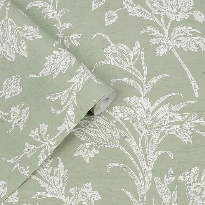 Laura Ashley Vliestapete Vliestapete gewebtes Blumen - Grün, Floral, 10 x 0,52 m - Teilweise abgerollte hellgrüne Tapete mit weißem Blumenmuster und strukturierter Oberfläche.