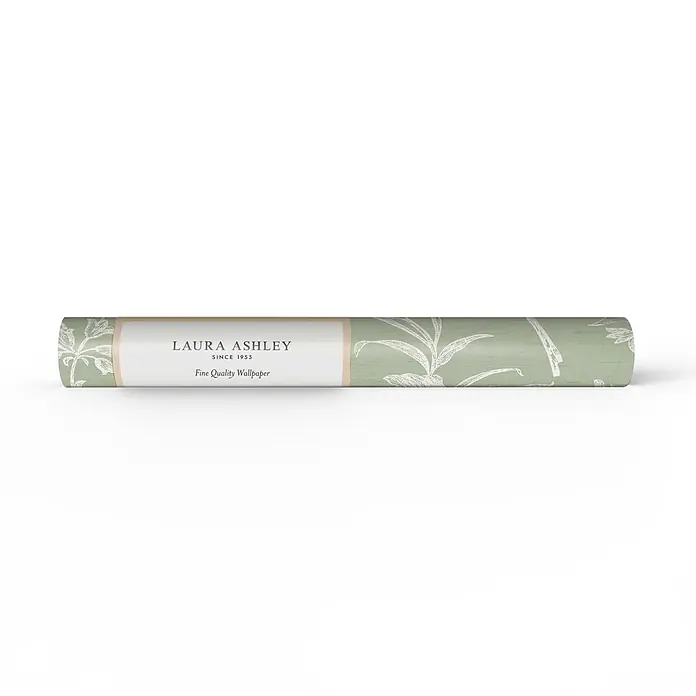 Laura Ashley Vliestapete Vliestapete gewebtes Blumen - Grün, Floral, 10 x 0,52 m - Grüne Laura Ashley Tapetenrolle mit weißem Blattmuster und Markenetikett.