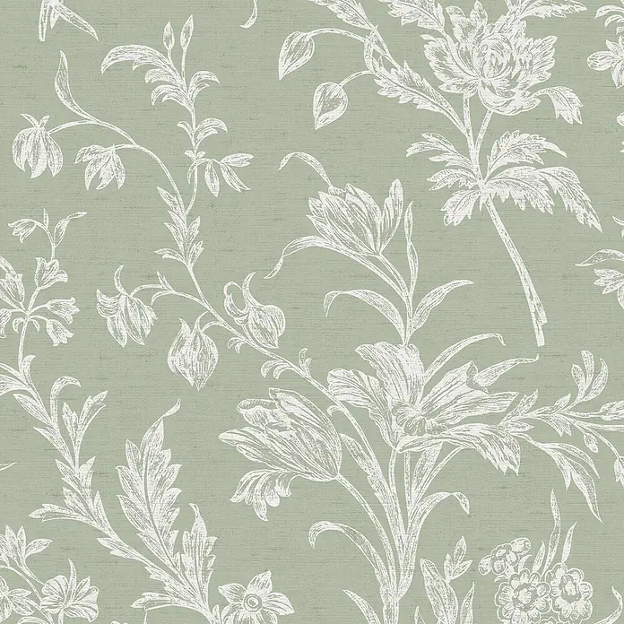 Laura Ashley Vliestapete Vliestapete gewebtes Blumen - Grün, Floral, 10 x 0,52 m - Weißes Blumen- und Pflanzenmuster auf strukturiertem Hintergrund, geeignet für Stoff oder Tapete.
