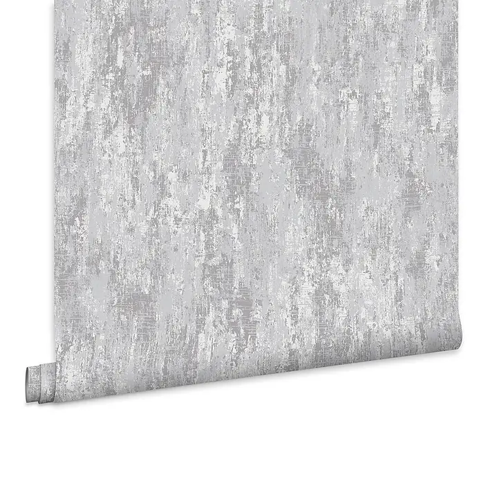 Laura Ashley Vliestapete Whinfell - Silber, Uni, 1.000 x 52 cm - Graue und weiße, abstrakt strukturierte Tapetenrolle, teilweise ausgerollt.