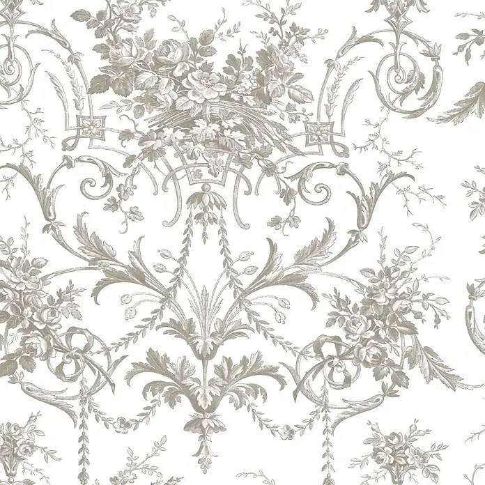 Laura Ashley Vliestapete Tuileries Französisch - Grau, Floral, 1.000 x 52 cm - Elegantes, taupefarbenes Blumen- und Rankenmuster mit Rosen, Blättern und Rocailles-Verzierungen.