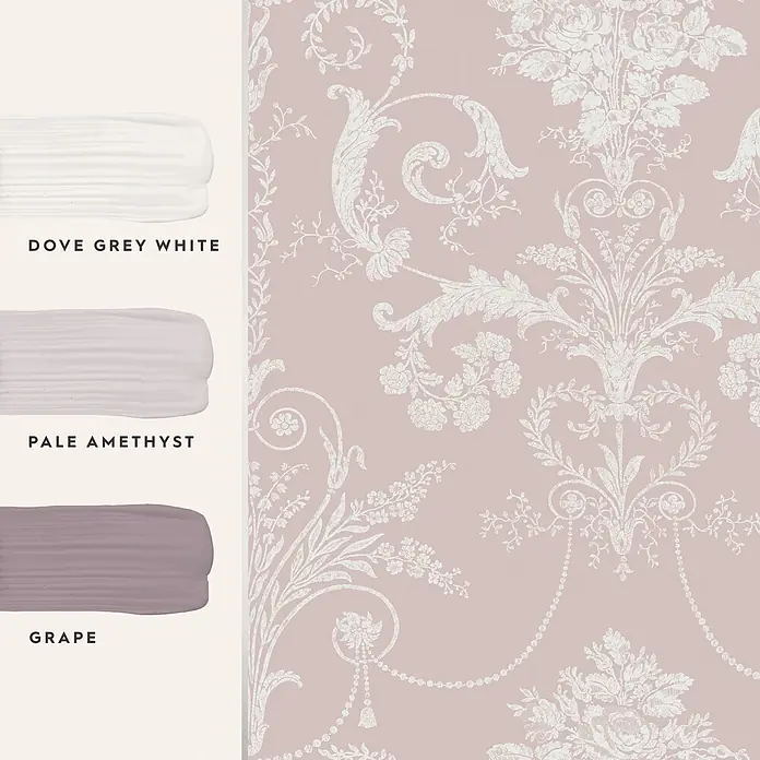Laura Ashley Vliestapete Vliestapete Josette Damast - Amethyst/Rosa, Ornament - Rosa florale Damasttapete mit drei passenden Farbmustern: Dove Grey White, Pale Amethyst, Grape.