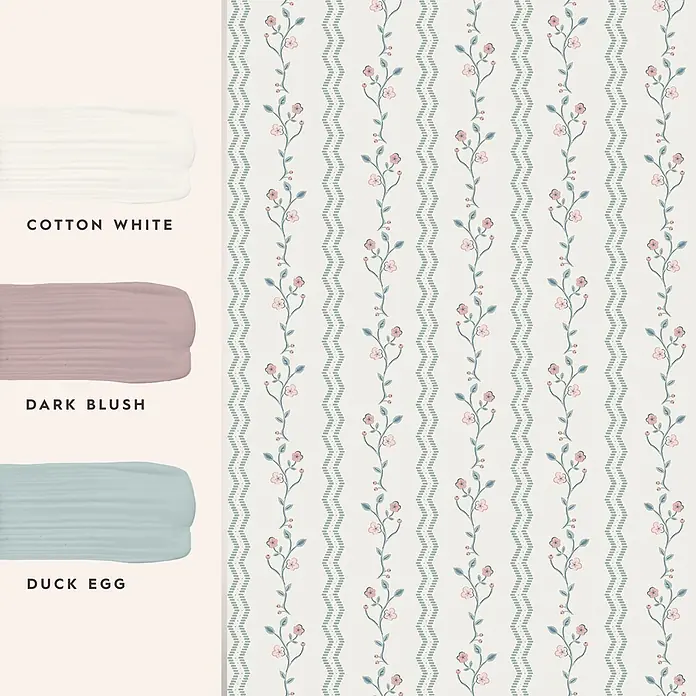 Laura Ashley Vliestapete Vliestapete Blencow Streifen - Hellblau, Floral - Helle Blumentapete mit grünen Wellenstreifen und rosa Blüten, dazu Farbmuster in Baumwollweiß, Dunkelrosa und Enteneiblau.