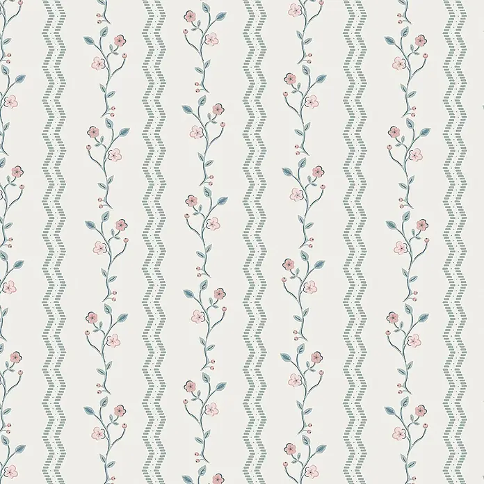 Laura Ashley Vliestapete Vliestapete Blencow Streifen - Hellblau, Floral - Vintage-Blumenmuster mit rosa Blüten und blaugrünen Blättern auf Ranken, abwechselnd mit gewellten blaugrünen Texturstreifen.