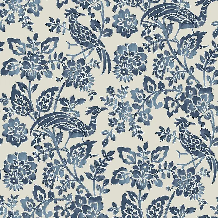 Laura Ashley Vliestapete Vliestapete Adain Palace Blumen - Blau, Floral, 10 x 0,52 m - Nahtloses Muster mit blauen Vögeln und komplexen Blumenmotiven.
