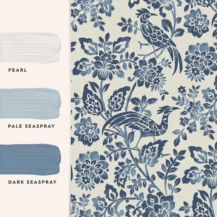 Laura Ashley Vliestapete Vliestapete Adain Palace Blumen - Blau, Floral, 10 x 0,52 m - Tapete mit blauem Blumen- und Vogelmuster, dazu passende Farbmuster: Pearl, Pale Seaspray und Dark Seaspray.