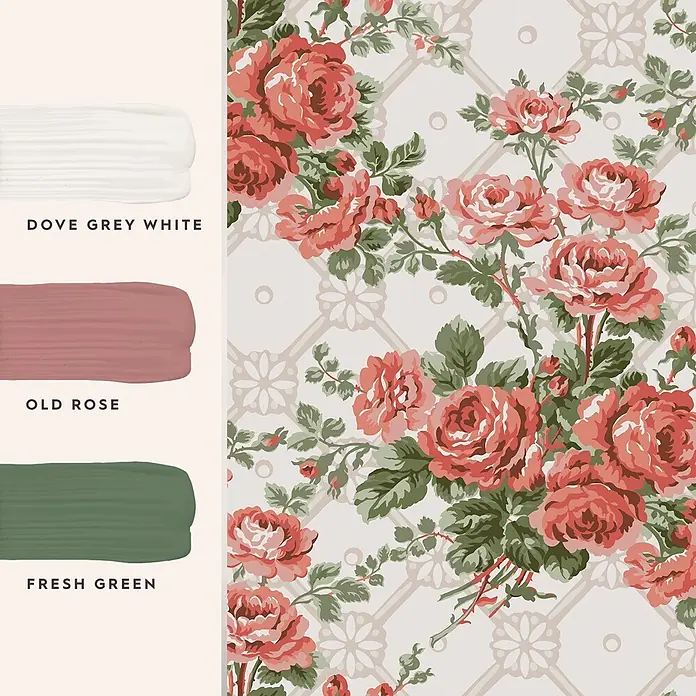 Laura Ashley Vliestapete Vliestapete Landrosen - Rosa, Floral, 10 x 0,52 m - Vintage-Blumentapete mit rosa Rosen und grünen Blättern auf hellem, gemustertem Grund, dazu passende Farbproben: Weiß, Altrosa, Frisches Grün.