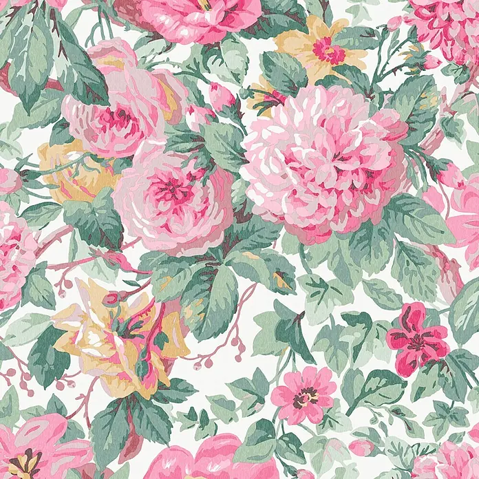 Laura Ashley Vliestapete Vliestapete Aveline - Rosa, Floral, 10 x 0,52 m - Nahtloses Blumenmuster mit rosa und gelben Rosen und grünen Blättern im weichen Aquarellstil.