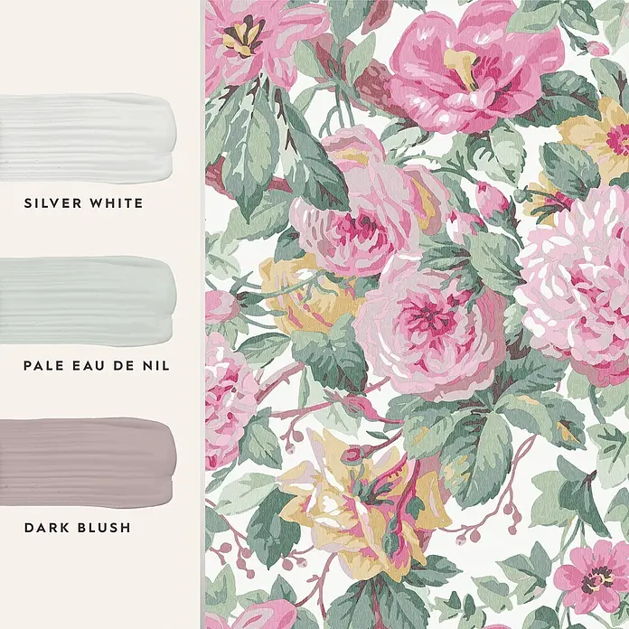 Laura Ashley Vliestapete Vliestapete Aveline - Rosa, Floral, 10 x 0,52 m - Lebhaftes Blumenmuster mit rosa, gelben und grünen Blüten, daneben drei Farbmuster: Silberweiß, Hellgrün und Dunkelrosa.