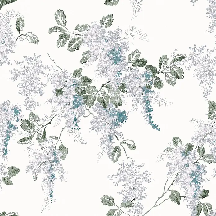 Laura Ashley Vliestapete Vliestapete Fliederzweige - Blau, Floral - Nahtloses Blumenmuster mit grünen Blättern und zarten hellblauen und lavendelfarbenen Glyzinienblüten.