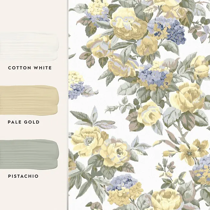 Laura Ashley Vliestapete Vliestapete Pembrey - Gold, Floral, 10 x 0,52 m - Florale Tapete mit gelben Rosen und blauen Hortensien, daneben Farbmuster in Baumwollweiß, Blassgold und Pistazie.
