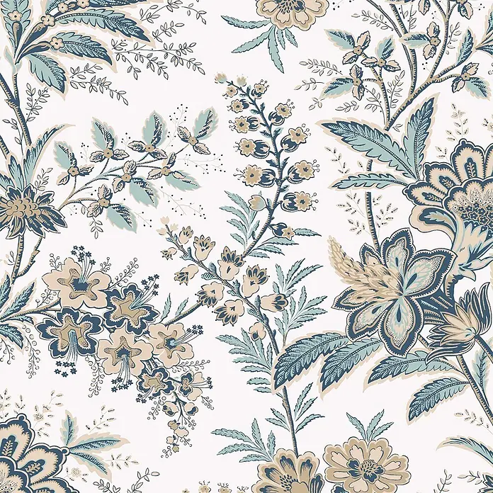 Laura Ashley Vliestapete antikes Textil - Beige, Floral, 1.000 x 52 cm - Aufwendiges botanisches Blumenmuster in Blau- und Beigetönen.