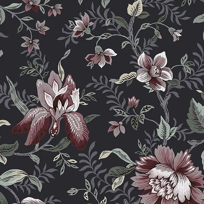 Laura Ashley Vliestapete Exotischer Garten - Grau, Floral, 1.000 x 52 cm - Filigranes Blumenmuster auf dunklem Hintergrund mit weinroten, rosa, grünen und cremefarbenen Blüten und Blättern.