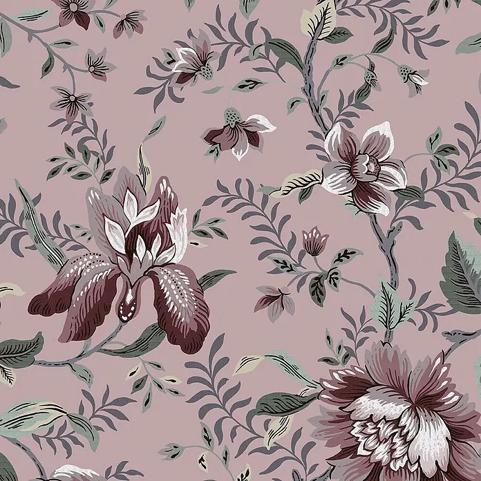 Laura Ashley Vliestapete Vliestapete Exotischer Garten - Rot, Floral, 10 x 0,52 m - Nahtloses Blumenmuster mit stilisierten Blüten und Blättern in gedeckten Tönen auf altrosa Hintergrund.