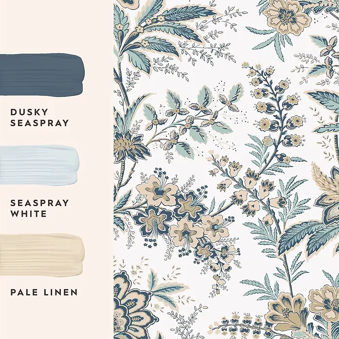 Laura Ashley Vliestapete antikes Textil - Beige, Floral, 1.000 x 52 cm - Florales Muster mit blau, türkis und beige Motiven und passenden Farbpalettenmustern in Dunkelblau, Hellblau und hellem Leinen.