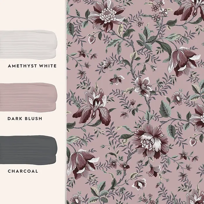 Laura Ashley Vliestapete Vliestapete Exotischer Garten - Rot, Floral, 10 x 0,52 m - Farbpalette mit Amethyst White, Dark Blush und Charcoal, inspiriert von einem floralen Tapetenmuster.