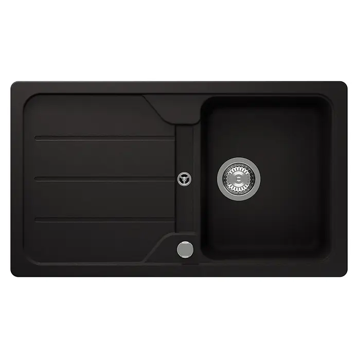 Schock Einbauspüle Formhaus - 86 x 50 cm, Nero, Quarzkomposit - Schwarze Verbundstoffspüle mit einem Becken, Abtropffläche und Chrom-Ablaufgarnituren.