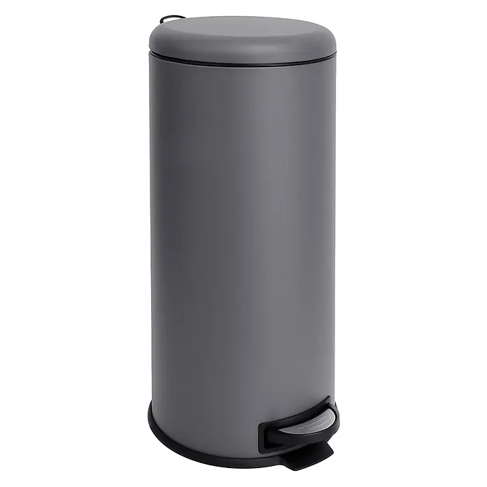 SVITA Treteimer T30 - 30 l, Metall, Schwarz - Dunkelgrauer, zylindrischer Treteimer mit matter Oberfläche, passendem Deckel und schwarzem Fußpedal.