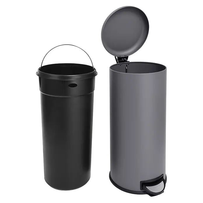 SVITA Treteimer T30 - 30 l, Metall, Schwarz - Grauer Treteimer mit offenem Deckel, daneben der schwarze, herausnehmbare Kunststoffeinsatz.
