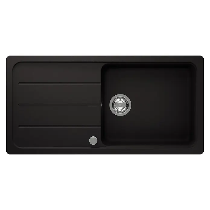 Schock Einbauspüle Formhaus - 100 x 50 cm, Nero, Quarzkomposit - Schwarze Komposit-Küchenspüle mit einem Becken, Abtropffläche links und Edelstahlsiebkorbventil.