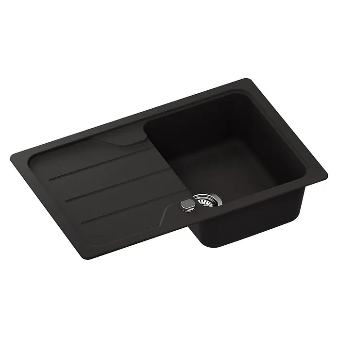 Schock Einbauspüle Formhaus - 78 x 50 cm, Nero, Quarzkomposit - Schwarze Einzelbecken-Küchenspüle mit Abtropffläche und Chromablauf.