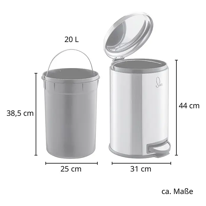 SVITA Treteimer T20 - 20 l, Metall, Grau - Edelstahl-Treteimer, Deckel offen, mit herausnehmbarem 20L grauen Inneneimer. Eimerhöhe 44cm, Inneneimerhöhe 38,5cm.