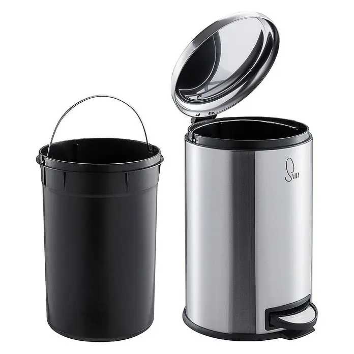 SVITA Treteimer T20 - 20 l, Metall, Silber - Edelstahl-Tretmülleimer mit offenem Deckel und herausnehmbarem schwarzem Kunststoffeinsatz mit Henkel.