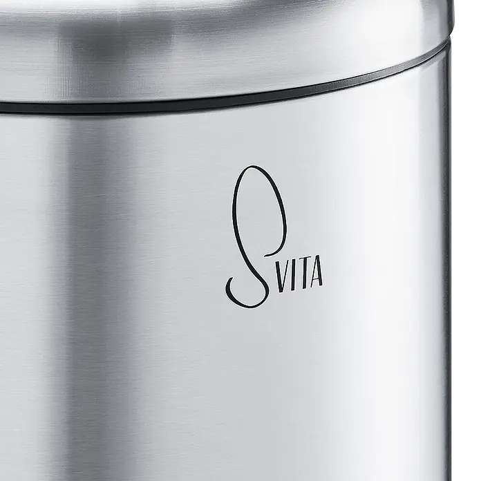 SVITA Treteimer T20 - 20 l, Metall, Silber - Gebürsteter Edelstahlbehälter mit schwarzem Band und „SVITA“-Logo.