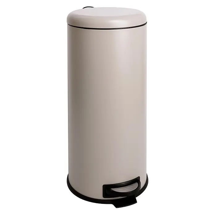 SVITA Treteimer T30 - 30 l, Metall, Beige - Zylindrischer hellgrauer Metalleimer mit schwarzem Deckelrand und schwarzem Fußpedal.