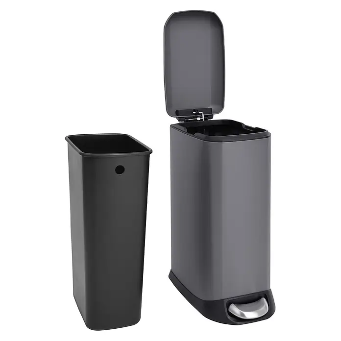 SVITA Treteimer TS20 - 20 l, Metall, Grau - Dunkelgrauer rechteckiger Mülleimer mit offenem Deckel und silbernem Fußpedal, neben herausnehmbarem schwarzem Inneneimer.