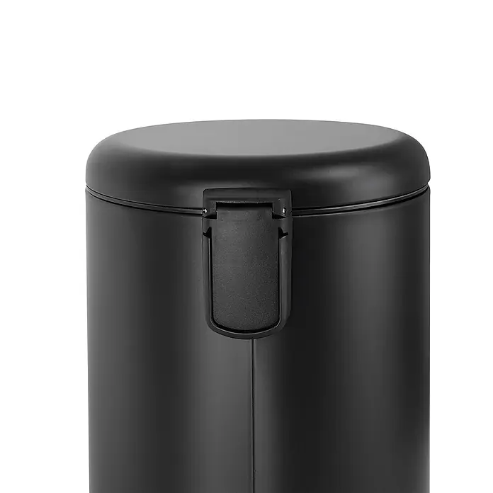 SVITA Treteimer TQ30 - 30 l, Metall, Schwarz - Mattschwarzer zylindrischer Behälter mit einem Klappdeckel und zentralem Verschlussmechanismus.