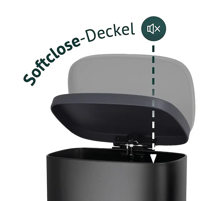 SVITA Treteimer TQ30 - 30 l, Metall, Schwarz - Dunkelgrauer Eimer mit Softclose-Deckel, der sich geräuschlos schließt (Symbol: Lautsprecher stumm).