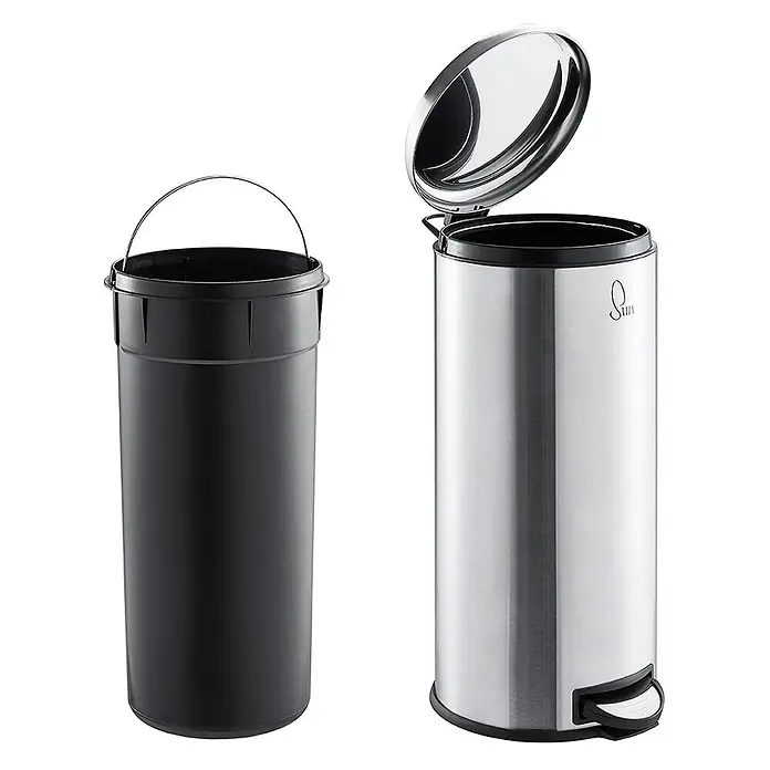 SVITA Treteimer T30 - 30 l, Metall, Silber - Treteimer aus Edelstahl mit offenem Deckel und separatem schwarzem Inneneimer mit Griff.