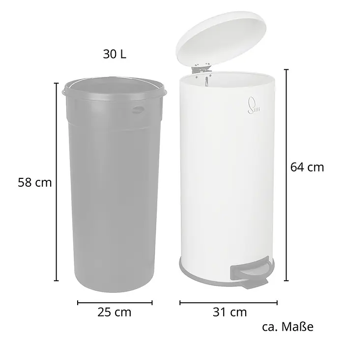 SVITA Treteimer T30 - 30 l, Metall, Silber - Weißer 30L Treteimer mit offenem Deckel, daneben der graue Inneneimer.