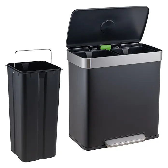 SVITA Treteimer LT2X30 - 30 l, Metall, Schwarz - Dunkelgrauer Treteimer mit zwei Fächern und herausnehmbarem Innenbehälter zur Mülltrennung. Mit Metallleiste und grünem Scharnier.