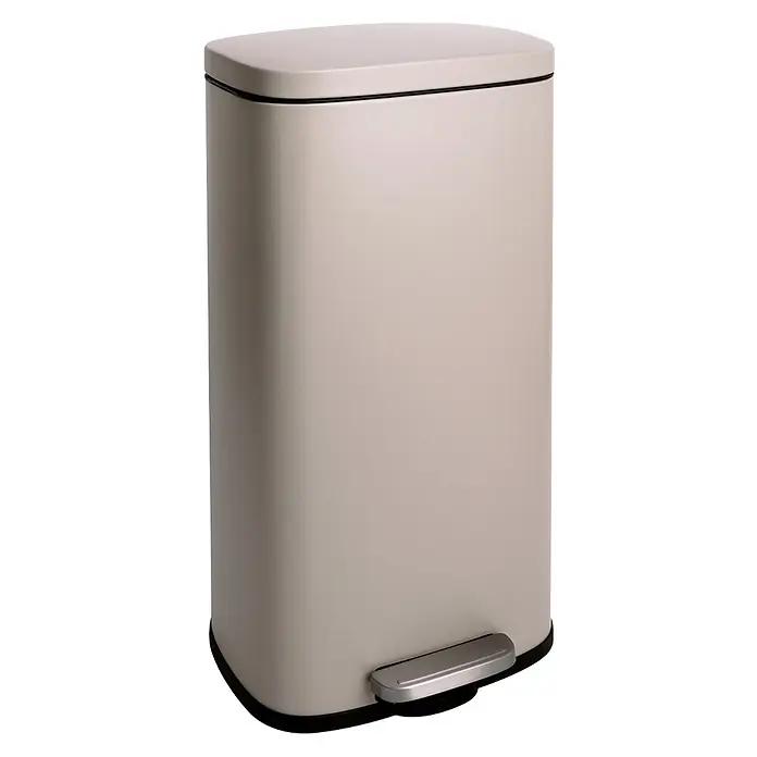 SVITA Treteimer TQ30 - 30 l, Metall, Beige - Rechteckiger beiger Treteimer mit abgerundeten Ecken, matter Oberfläche, silbernem Pedal und schwarzem Sockel.