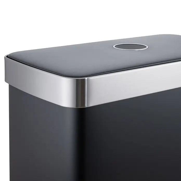 SVITA Treteimer LT2X30 - 30 l, Metall, Schwarz - Obenansicht eines rechteckigen dunkelgrauen Abfalleimers mit gebürstetem Stahlrand und mattgrauem Deckel mit runder Öffnung.