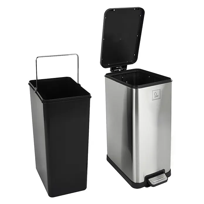 SVITA Treteimer STM15 - 15 l, Metall, Silber - Edelstahl-Treteimer mit geöffnetem Deckel und separatem schwarzen Plastik-Inneneimer.