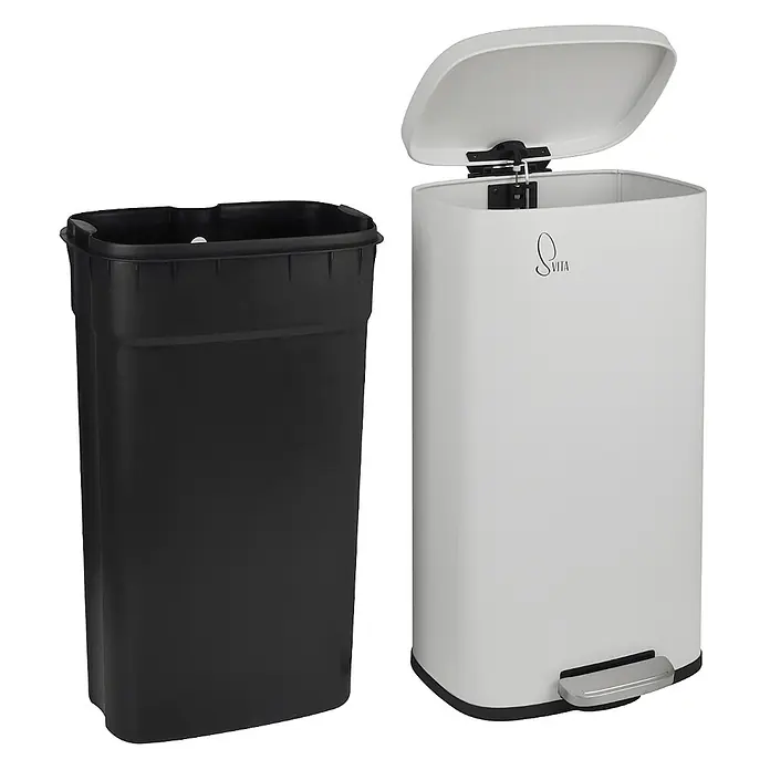 SVITA Treteimer TQ30 - 30 l, Metall, Weiß - Weißer rechteckiger Treteimer mit offenem Deckel, silbernem Pedal und separatem schwarzem Inneneimer.
