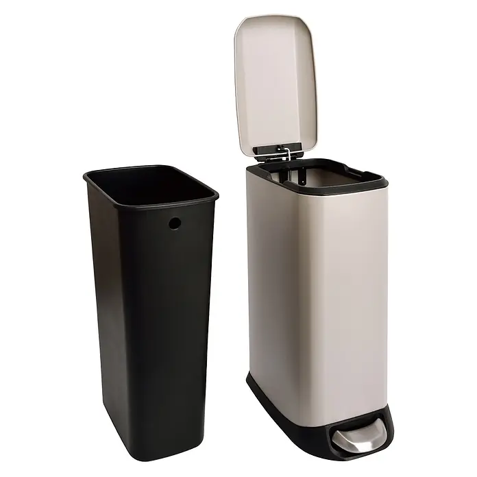 SVITA Treteimer TS20 - 20 l, Metall, Beige - Rechteckiger hellgrauer Treteimer mit offenem Deckel und separatem schwarzem Inneneimer.