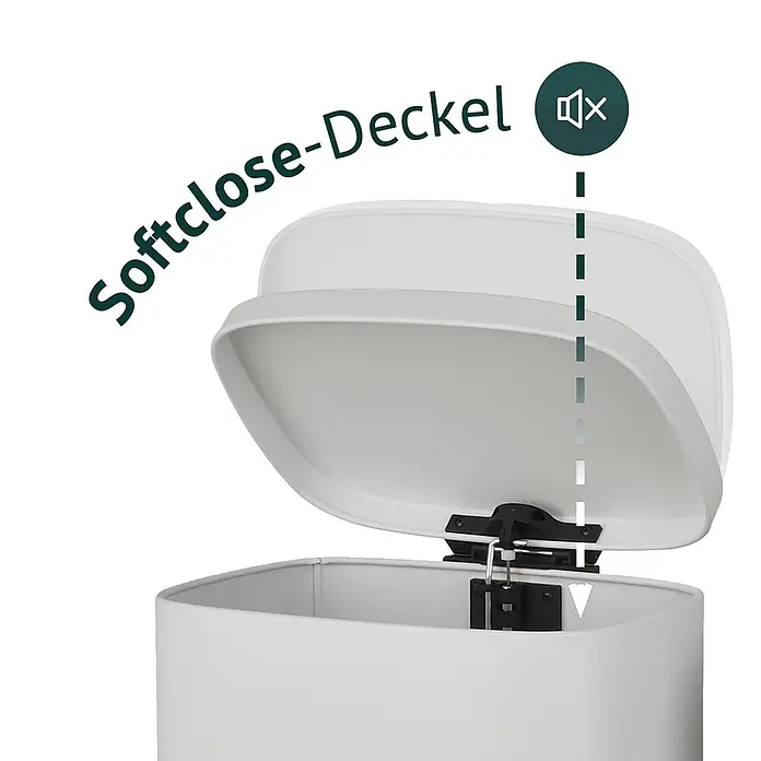 SVITA Treteimer TQ30 - 30 l, Metall, Weiß - Weißer Abfalleimer mit offenem Softclose-Deckel, der den leisen Schließmechanismus zeigt.